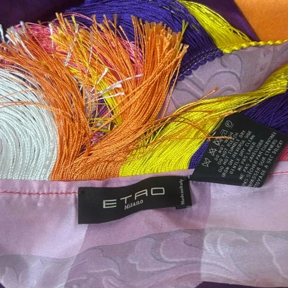 ETRO Silk Multicolor Scarf Fringe Colorblock Paisley 60” Square Boho Gypsy